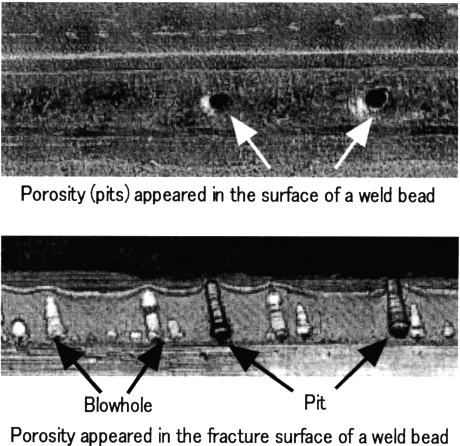 Figure 2. Typical linear porosity occurring in a fillet weld of primer-coated steel plates in gas metal arc welding