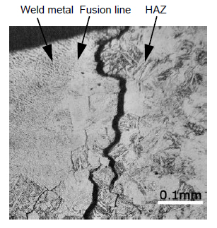 Figure 1: Typical SR cracks occurring in a 780-MPa high tensile strength steel weld (PWHT: 600°C × 2 h) [Ref.1]