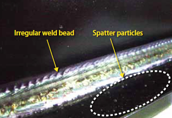 Figure 7: Weld bead appearance in tandem arc welding with a conventional arc sensor.