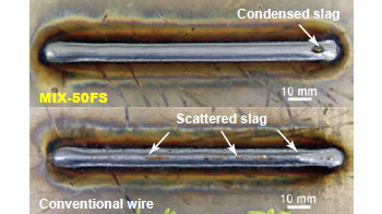 Figure 12: A condensed slag spot with MIX-50FS is easier to remove over scattered slag with conventional wire.