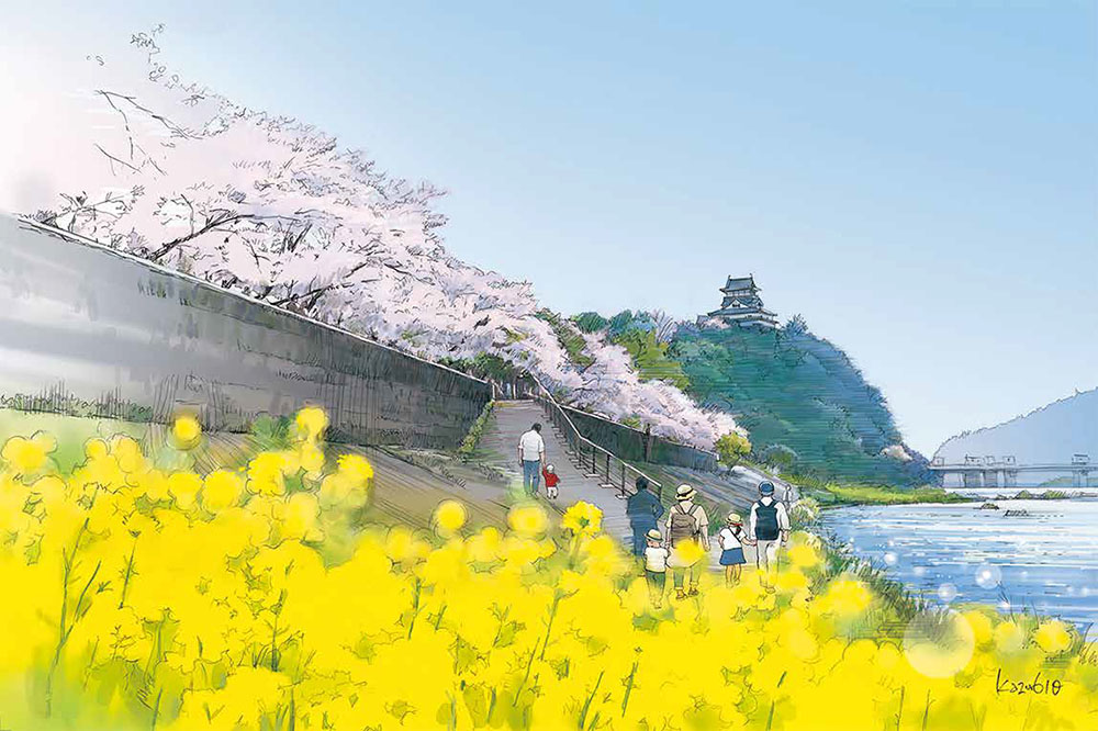 Paisagem de primavera do castelo Inuyama, o mais antigo do Japão, erguido às margens no sul do Rio Kisogawa - Cidade de Inuyama, Província de Aichi