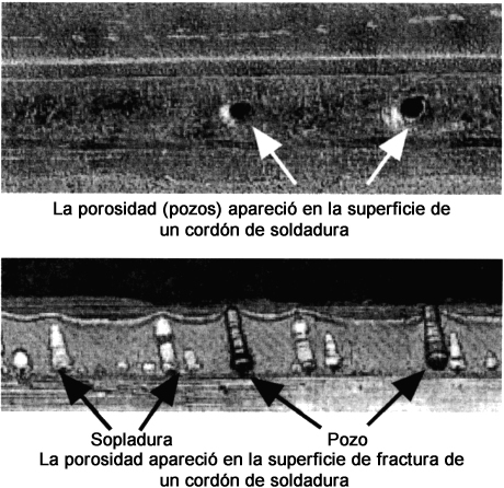 Fig. 2. Porosidad lineal típica ocurriendo en un cordón de soldadura de las placas de acero recubiertas con una imprimación en la soldadura por arco metálico con gas