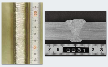 Fig. 11: Aspecto del cordón y la macroestructura de una junta a tope por DW-2594 en la posición 3G. (80%Ar-20%CO<small>2</small> de blindaje, 160A-26V)