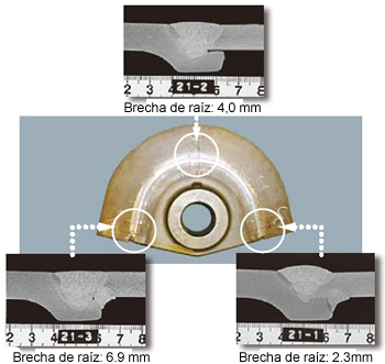 Fig. 3: La parte de un componente del brazo presenta una apariencia de soldadura uniforme (centro); tres macro estructuras de cortes transversales (superior e inferior) muestran una penetración suficiente.