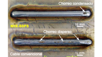 Figura 12: Un área de chorreo condensado con MIX-50FS es mas fácilmente removible que uno de chorro disperso con cable convencional.