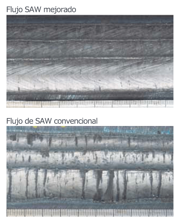 Figura 7: Comparación del aspecto del cordón por SAW entre flujos mejorados y flujos convencionales con alambre B91
