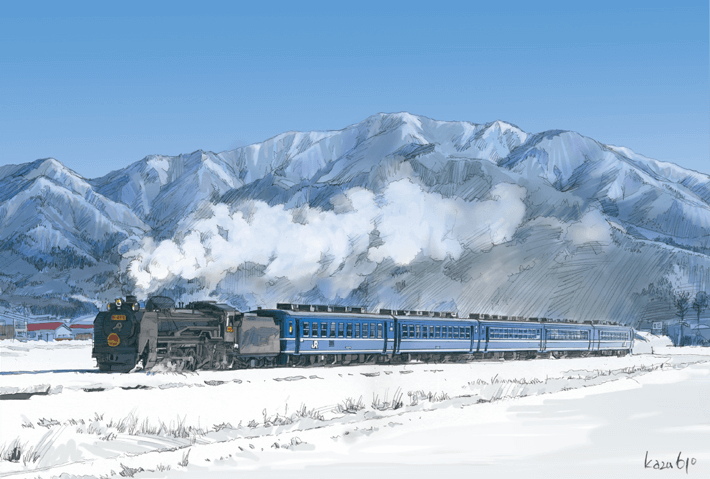 Una locomotora de vapor cruzando a toda potencia a través del terreno nevado en la cuenca de Aizu - Línea Banetsu Nishi