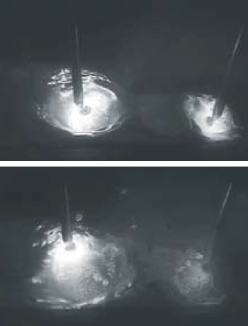 Figure 10 : One-pool tandem arc welding with (top)/without (bottom) high quality load-characteristic control.