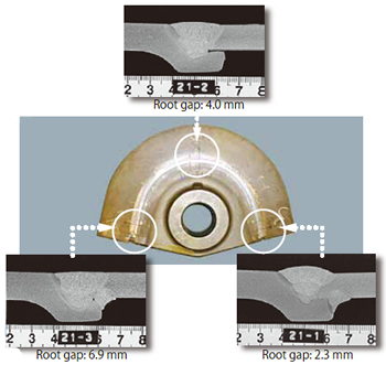 Figure 3: Part of an arm component exhibits uniform weld appearance (middle) and three cross-sectional macrostructures (top & bottom) show sufficient penetration.