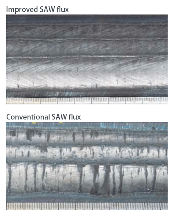 Figure 7: Bead appearance comparison by SAW between improved fluxes and conventional fluxes with B91 wir
