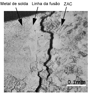 Figura 1: Trincas SR típicas ocorrendo em uma solda de aço de elevada resistência a tração 780-Mpa (PWHT: 600°C × 2 h) [Ref. 1]