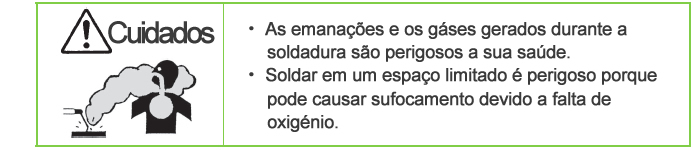 Cuidados ・ As emanações e os gáses gerados durante a soldadura são perigosos a sua saúde. ・ Soldar em um espaço limitado é perigoso porque pode causar sufocamento devido a falta de oxigénio.