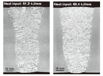 Figure 7: Cross sectional macrostructures of EGW welds made with FAMILIARC™ DW-S50GTF + FAMILIARC™ DW-S50GTR (Plate thickness: 80 mm).