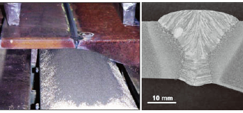 Figure 9: How to set up a tapered joint on the backing
flux in the RF™ process (left). The cross sectional macrostructure
of the weld joint (right) produced under the following
conditions:
▪ Plate thickness combination: 20 and 50 mm
▪ Welding process: RF™ one-sided SAW with 3 wires
▪ Welding wire: FAMILIARC™ US-36 (4.8 and 6.4 mmØ)
▪ Welding flux: FAMILIARC™ PF-I55E
▪ Backing flux: FAMILIARC™ RF-1