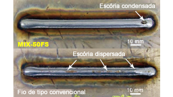 Figura 12: Um ponto de escórias condensadas com MIX-50FS é mais fácil de remover sobre a escórias dispersadas com o fio de tipo convencional.