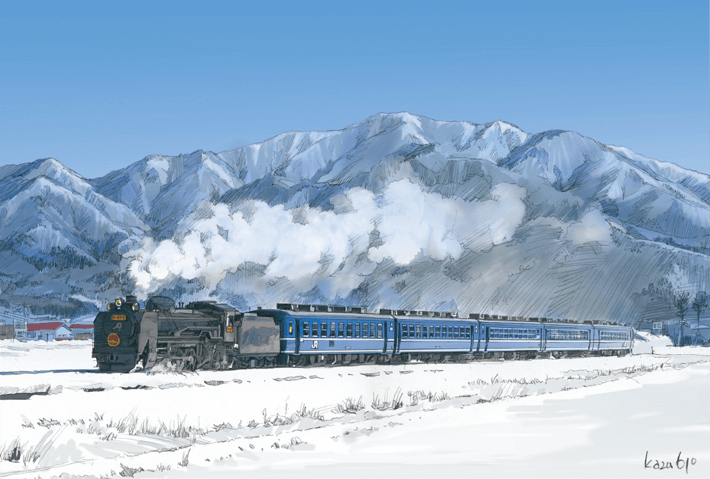 Uma locomotiva a vapor que empurra bravamente através de terrenos nevados na Bacia de Aizu
