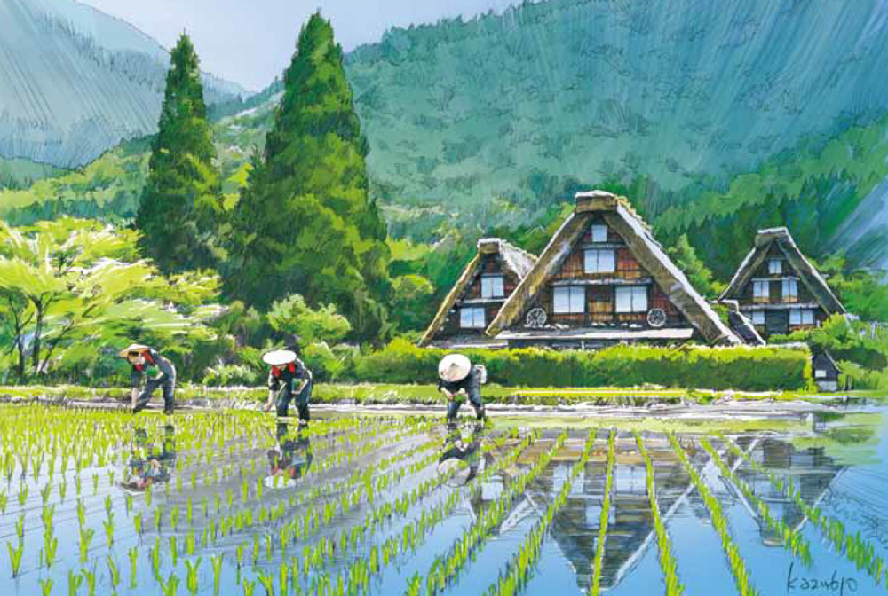 Casas particulares construídas no estilo arquitetônico gasho-zukuri (com telhados de colmo íngremes) estão colocadas lado a lado, oferecendo cores encantadoras em cada uma das quatro estações do ano. Vila Shirakawa, Prefeitura de Gifu