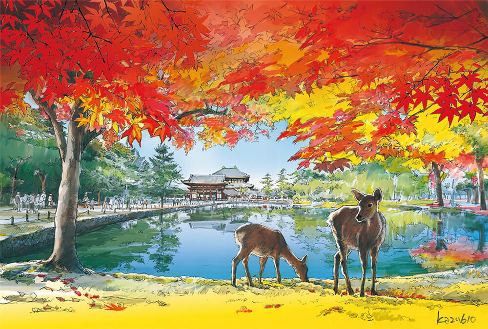 Parque Nara, onde as folhas de outono e veados em meio à beleza natural se encontram harmoniosamente----Cidade de Nara, Província de Nara
