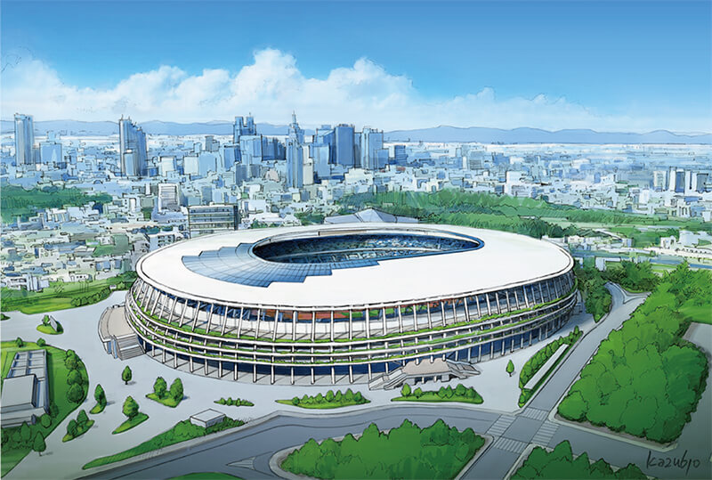 Novo Estádio Nacional, rodeado de verde e arquitetura em madeira - Distrito de Shinjuku, Região Metropolitana de Tóquio