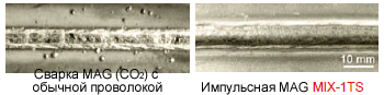 Figure 16: In galvanized plate welding, pulsed MAG with MIX-1TS results in a good bead look without spatter adhesion (right) whereas MAG (CO2) welding with conventional wire exhibits much spatter particles adhered and porosity (left).