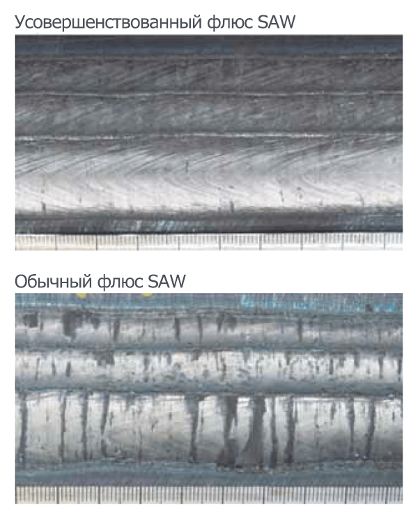 Иллюстрация 7:  Внешний вид валика сварного шва, полученного при сварке SAW с проволокой B9в сочетании с усовершенствованным флюсом и обычным флюсом